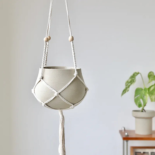Cream Hanging Planter With Rope– Minimalist Macrame Pot